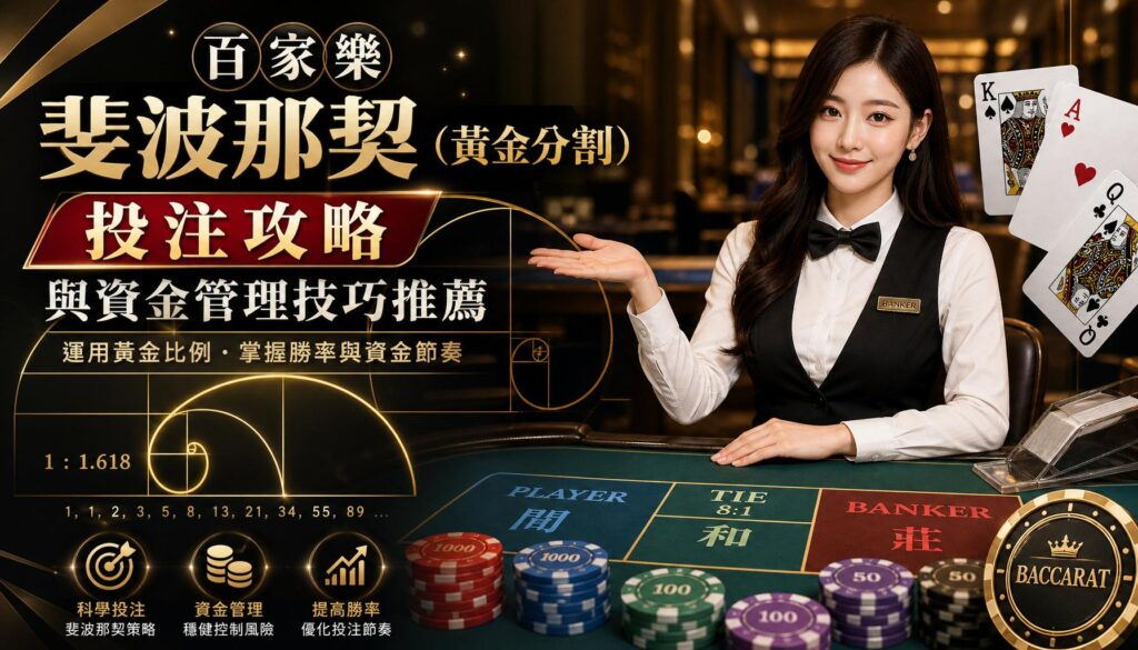 Casino dealer in formal attire beside a baccarat table, palm raised, with large gold Chinese text on a black background and cards on the right.
