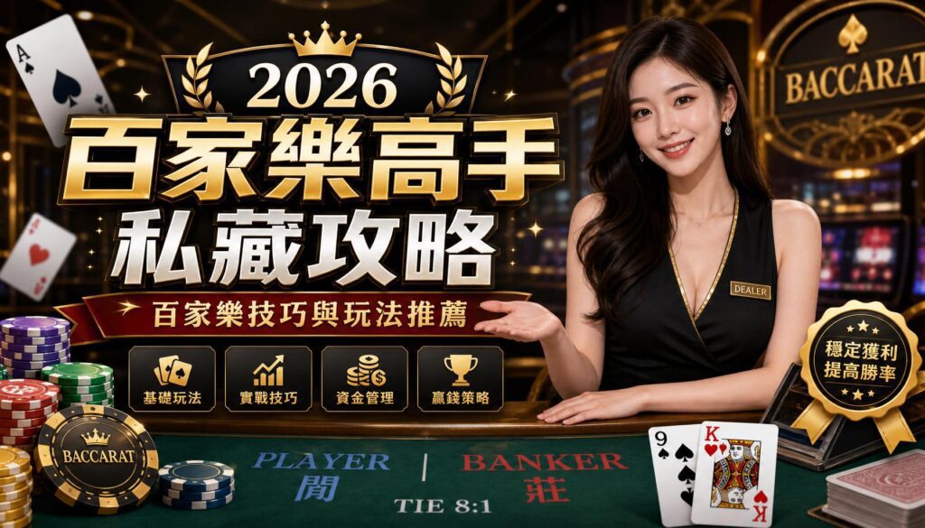 Smiling Asian woman dealer in a black outfit with a 'DEALER' badge at a baccarat table, gold promotional banner in background and casino chips stacked nearby.